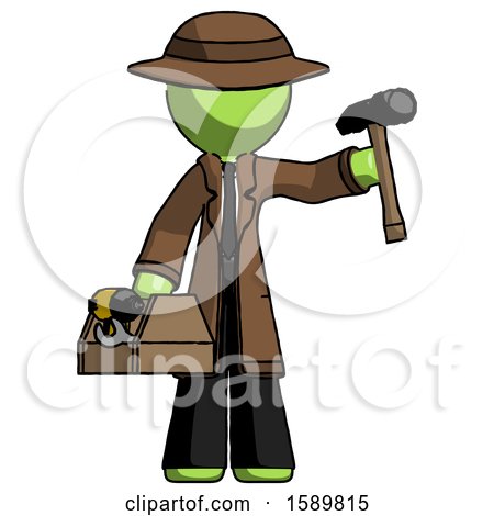 Green Detective Man Holding Tools and Toolchest Ready to Work by Leo Blanchette