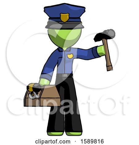 Green Police Man Holding Tools and Toolchest Ready to Work by Leo Blanchette