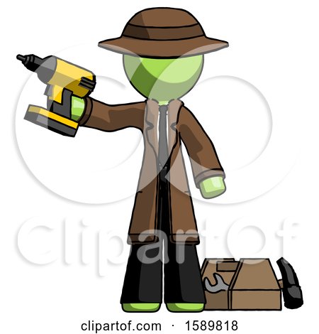 Green Detective Man Holding Drill Ready to Work, Toolchest and Tools to Right by Leo Blanchette