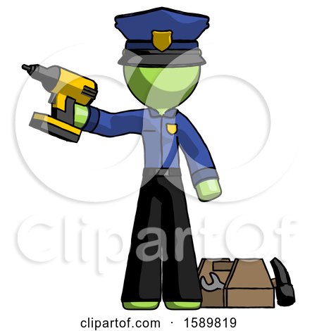 Green Police Man Holding Drill Ready to Work, Toolchest and Tools to Right by Leo Blanchette