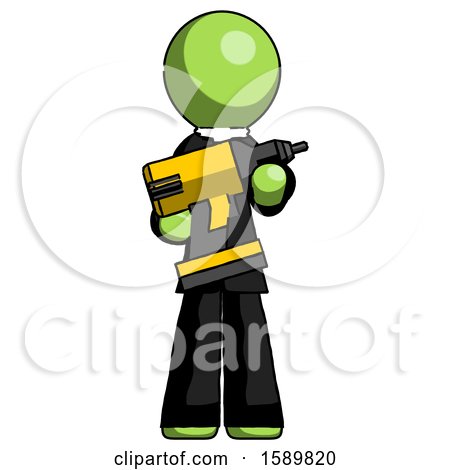 Green Clergy Man Holding Large Drill by Leo Blanchette