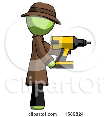 Green Detective Man Using Drill Drilling Something on Right Side by Leo Blanchette