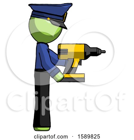 Green Police Man Using Drill Drilling Something on Right Side by Leo Blanchette