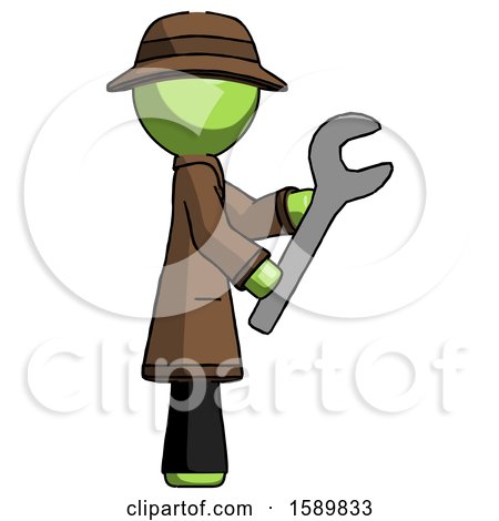 Green Detective Man Using Wrench Adjusting Something to Right by Leo Blanchette