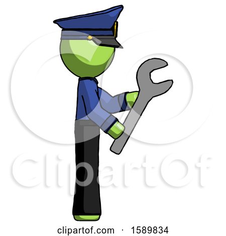 Green Police Man Using Wrench Adjusting Something to Right by Leo Blanchette