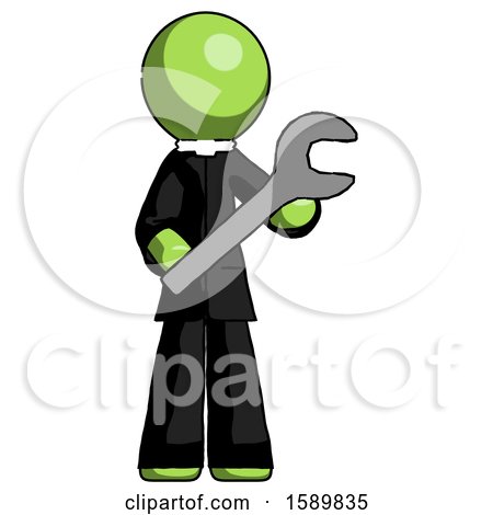 Green Clergy Man Holding Large Wrench with Both Hands by Leo Blanchette