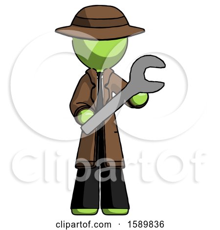 Green Detective Man Holding Large Wrench with Both Hands by Leo Blanchette