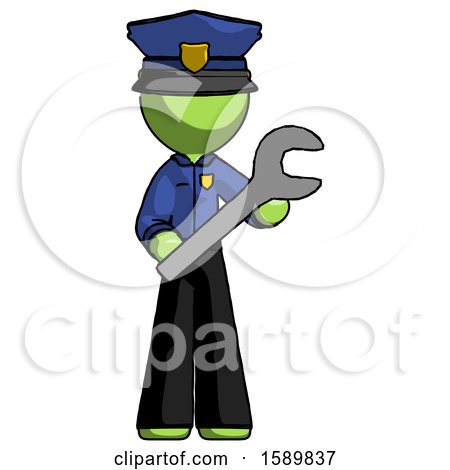 Green Police Man Holding Large Wrench with Both Hands by Leo Blanchette