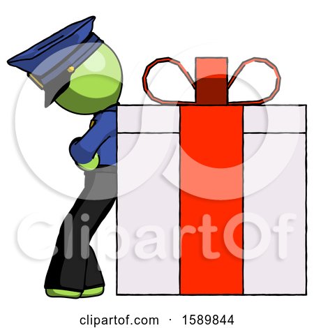 Green Police Man Gift Concept - Leaning Against Large Present by Leo Blanchette