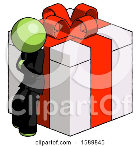 Green Clergy Man Leaning on Gift with Red Bow Angle View by Leo Blanchette