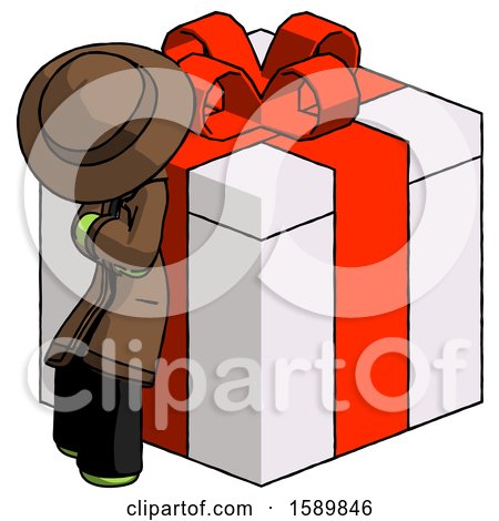 Green Detective Man Leaning on Gift with Red Bow Angle View by Leo Blanchette