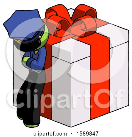 Green Police Man Leaning on Gift with Red Bow Angle View by Leo Blanchette