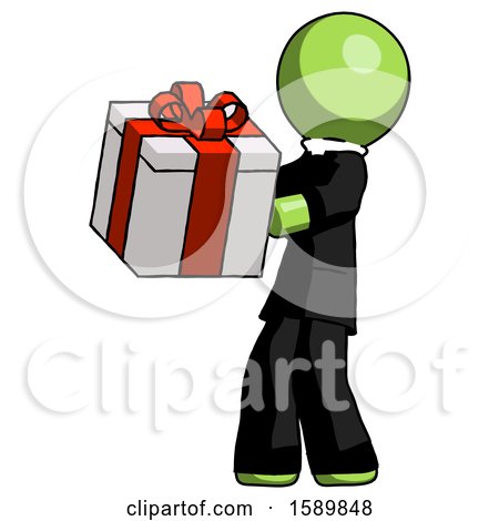 Green Clergy Man Presenting a Present with Large Red Bow on It by Leo Blanchette