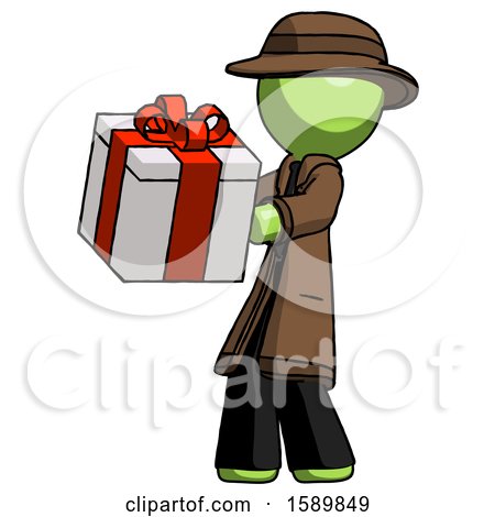 Green Detective Man Presenting a Present with Large Red Bow on It by Leo Blanchette
