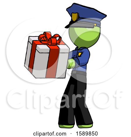 Green Police Man Presenting a Present with Large Red Bow on It by Leo Blanchette