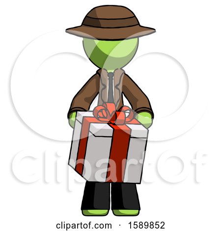 Green Detective Man Gifting Present with Large Bow Front View by Leo Blanchette
