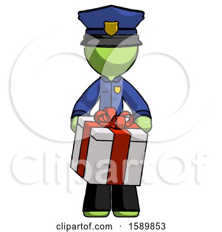 Green Police Man Gifting Present with Large Bow Front View by Leo Blanchette