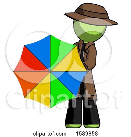 Green Detective Man Holding Rainbow Umbrella out to Viewer by Leo Blanchette