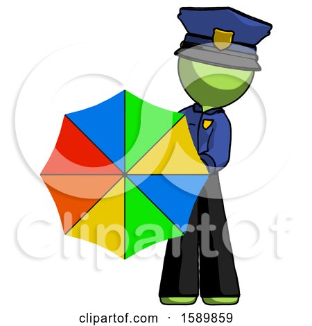 Green Police Man Holding Rainbow Umbrella out to Viewer by Leo Blanchette