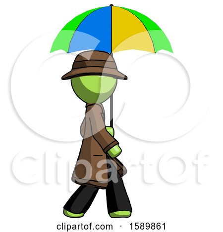 Green Detective Man Walking with Colored Umbrella by Leo Blanchette