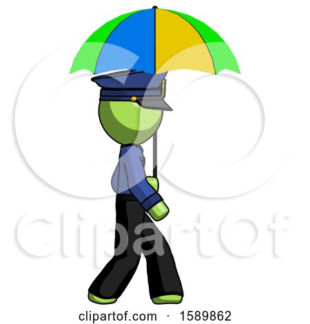 Green Police Man Walking with Colored Umbrella by Leo Blanchette