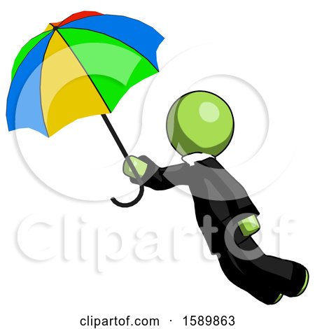 Green Clergy Man Flying with Rainbow Colored Umbrella by Leo Blanchette