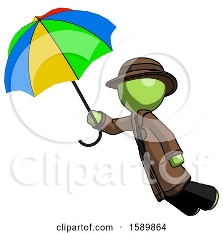 Green Detective Man Flying with Rainbow Colored Umbrella by Leo Blanchette