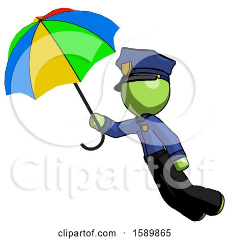Green Police Man Flying with Rainbow Colored Umbrella by Leo Blanchette