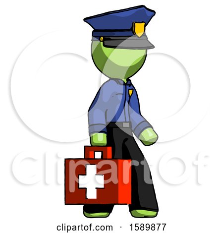 Green Police Man Walking with Medical Aid Briefcase to Right by Leo Blanchette