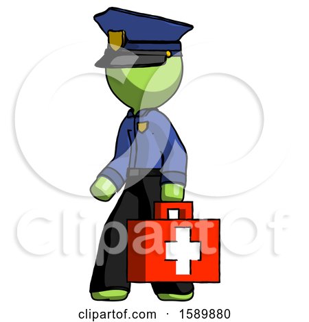 Green Police Man Walking with Medical Aid Briefcase to Left by Leo Blanchette