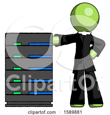Green Clergy Man with Server Rack Leaning Confidently Against It by Leo Blanchette