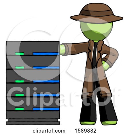 Green Detective Man with Server Rack Leaning Confidently Against It by Leo Blanchette