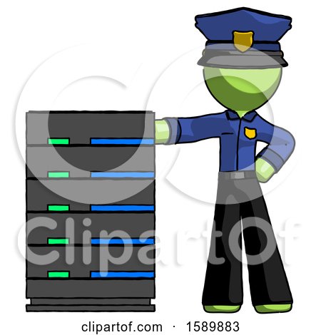 Green Police Man with Server Rack Leaning Confidently Against It by Leo Blanchette