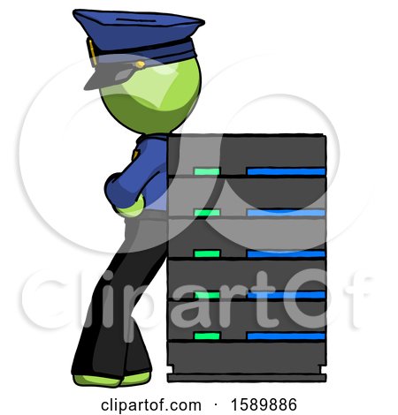 Green Police Man Resting Against Server Rack by Leo Blanchette