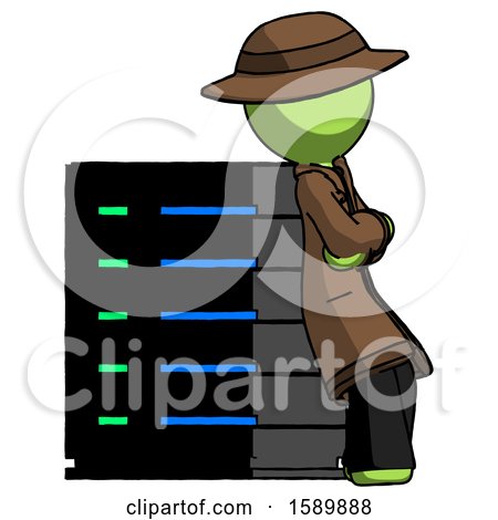 Green Detective Man Resting Against Server Rack Viewed at Angle by Leo Blanchette