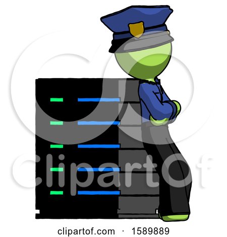 Green Police Man Resting Against Server Rack Viewed at Angle by Leo Blanchette