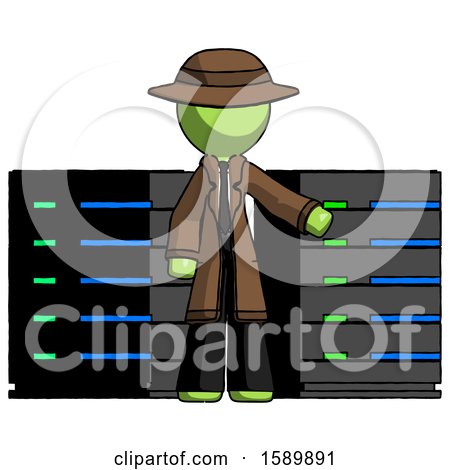 Green Detective Man with Server Racks, in Front of Two Networked Systems by Leo Blanchette