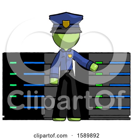 Green Police Man with Server Racks, in Front of Two Networked Systems by Leo Blanchette