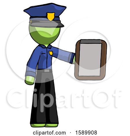 Green Police Man Showing Clipboard to Viewer by Leo Blanchette