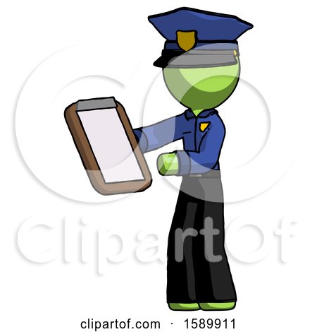 Green Police Man Reviewing Stuff on Clipboard by Leo Blanchette