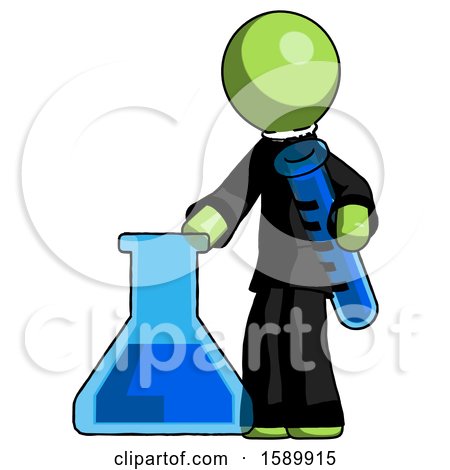 Green Clergy Man Holding Test Tube Beside Beaker or Flask by Leo Blanchette