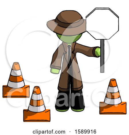 Green Detective Man Holding Stop Sign by Traffic Cones Under Construction Concept by Leo Blanchette