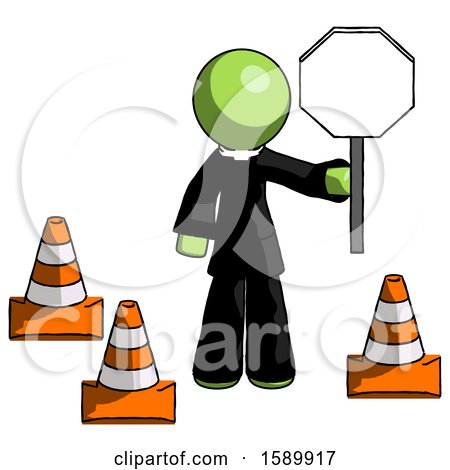 Green Clergy Man Holding Stop Sign by Traffic Cones Under Construction Concept by Leo Blanchette