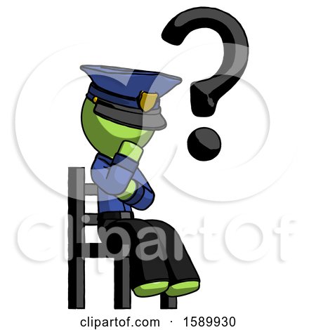 Green Police Man Question Mark Concept, Sitting on Chair Thinking by Leo Blanchette