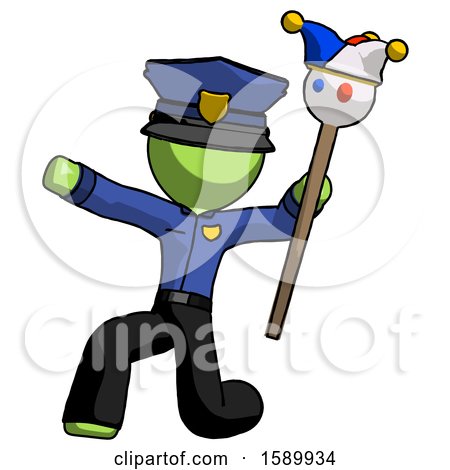 Green Police Man Holding Jester Staff Posing Charismatically by Leo Blanchette