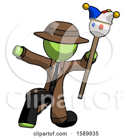 Green Detective Man Holding Jester Staff Posing Charismatically by Leo Blanchette