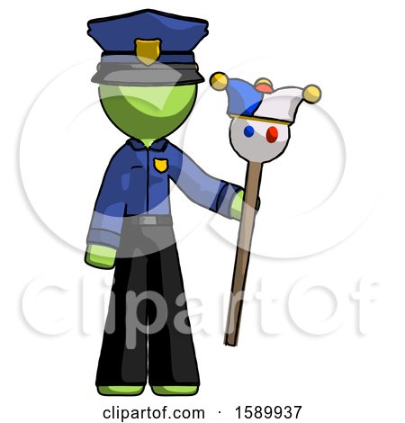 Green Police Man Holding Jester Staff by Leo Blanchette
