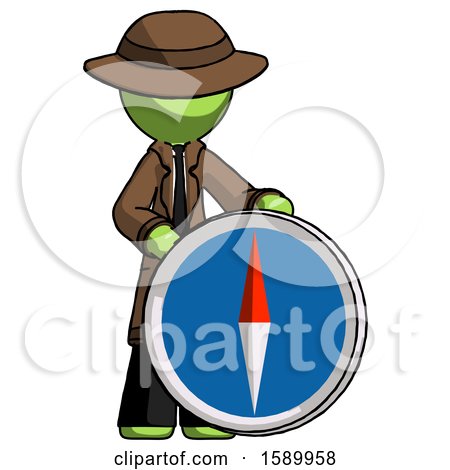 Green Detective Man Standing Beside Large Compass by Leo Blanchette