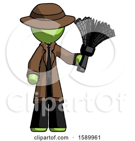 Green Detective Man Holding Feather Duster Facing Forward by Leo Blanchette