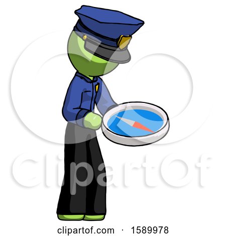 Green Police Man Looking at Large Compass Facing Right by Leo Blanchette